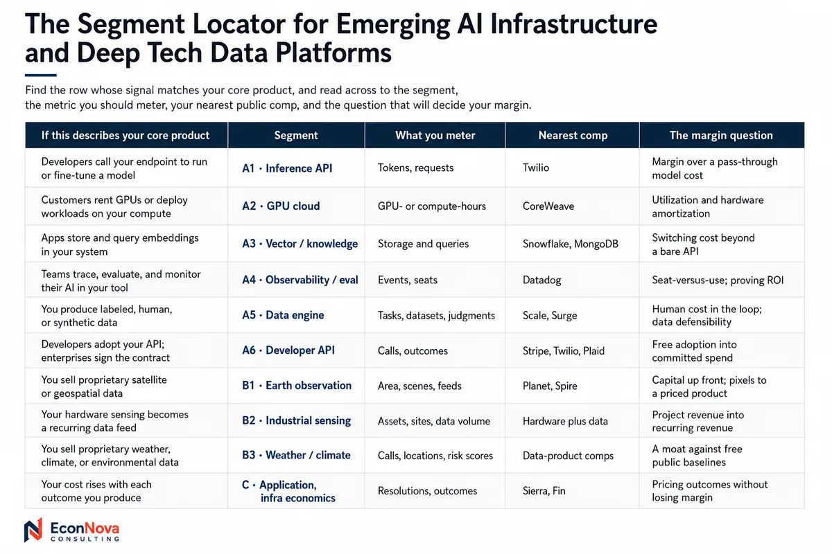 Segment locator table matching core product descriptions to AI infrastructure segments, metering units, nearest public comps, and margin questions