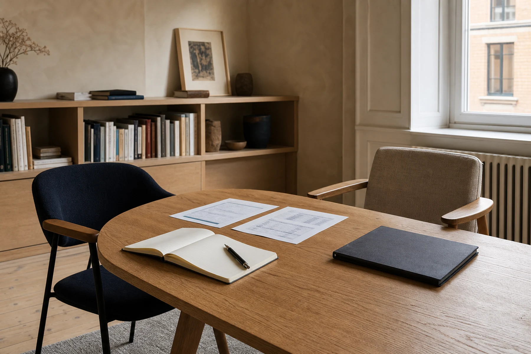 A quiet boutique consulting office prepared for a working session