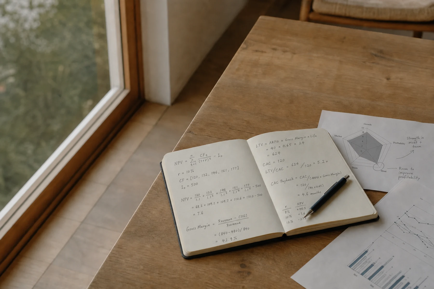 Handwritten financial-modeling calculations beside a printed radar chart