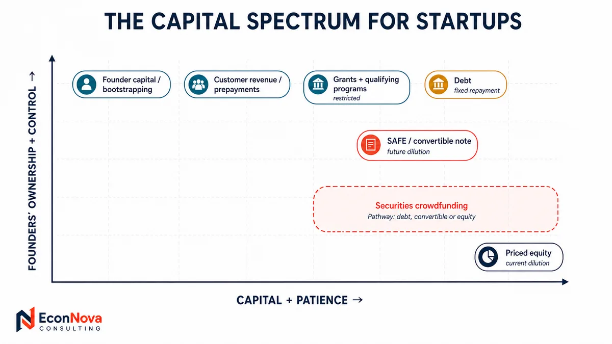 Capital spectrum for startups: chart with capital and patience on the x-axis and founders' ownership and control on the y-axis. Bootstrapping and customer revenue sit high-left; grants and debt remain high ownership with more capital; SAFE or convertible note and priced equity move down-right as founders concede ownership for capital and patience; securities crowdfunding spans a horizontal band as debt, convertible, or equity.
