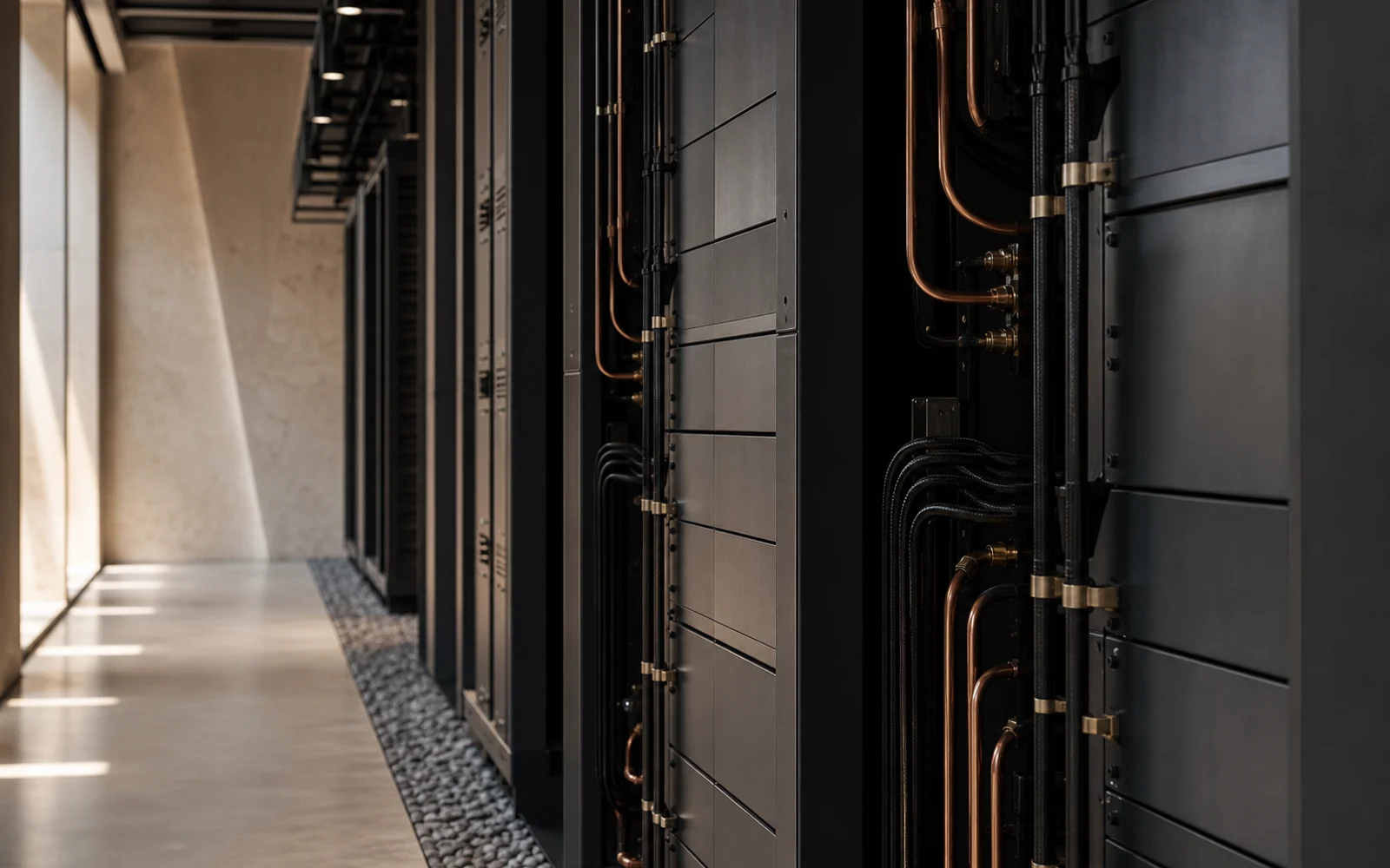 Architectural detail of modern data infrastructure and cooling systems