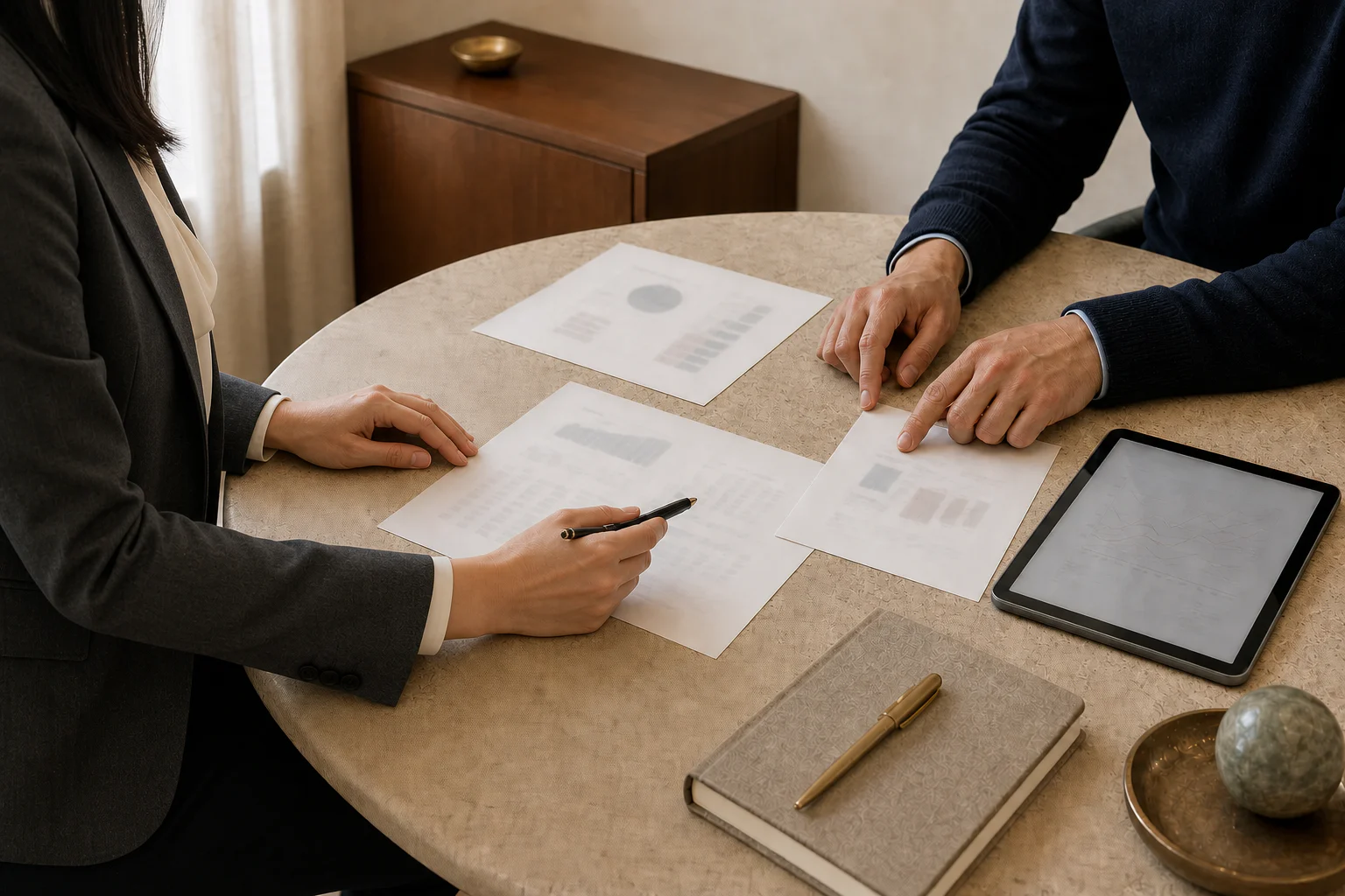 An East Asian woman and a founder reviewing growth metrics in a boutique consulting office