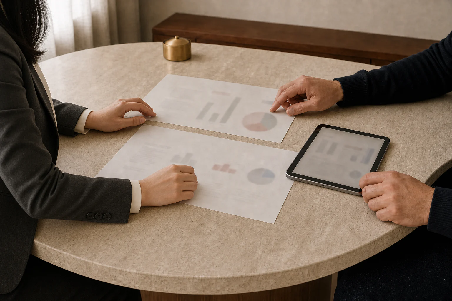 An East Asian woman and a founder discussing pricing architecture in a boutique consulting office