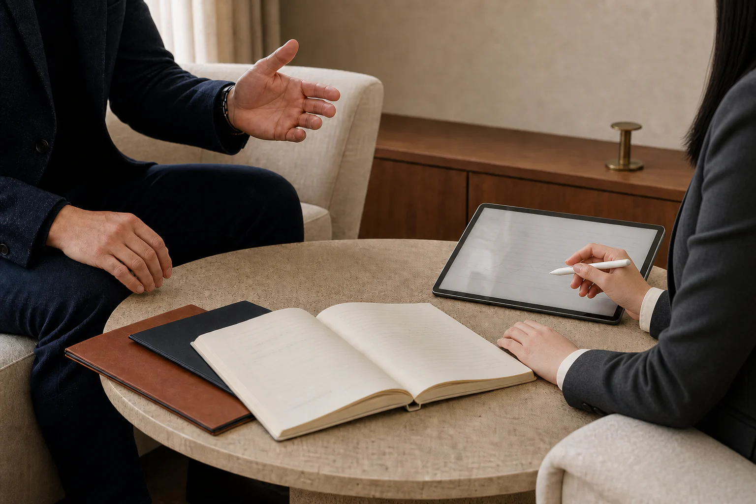 An East Asian woman and a founder in an ongoing advisory session at a boutique consulting office