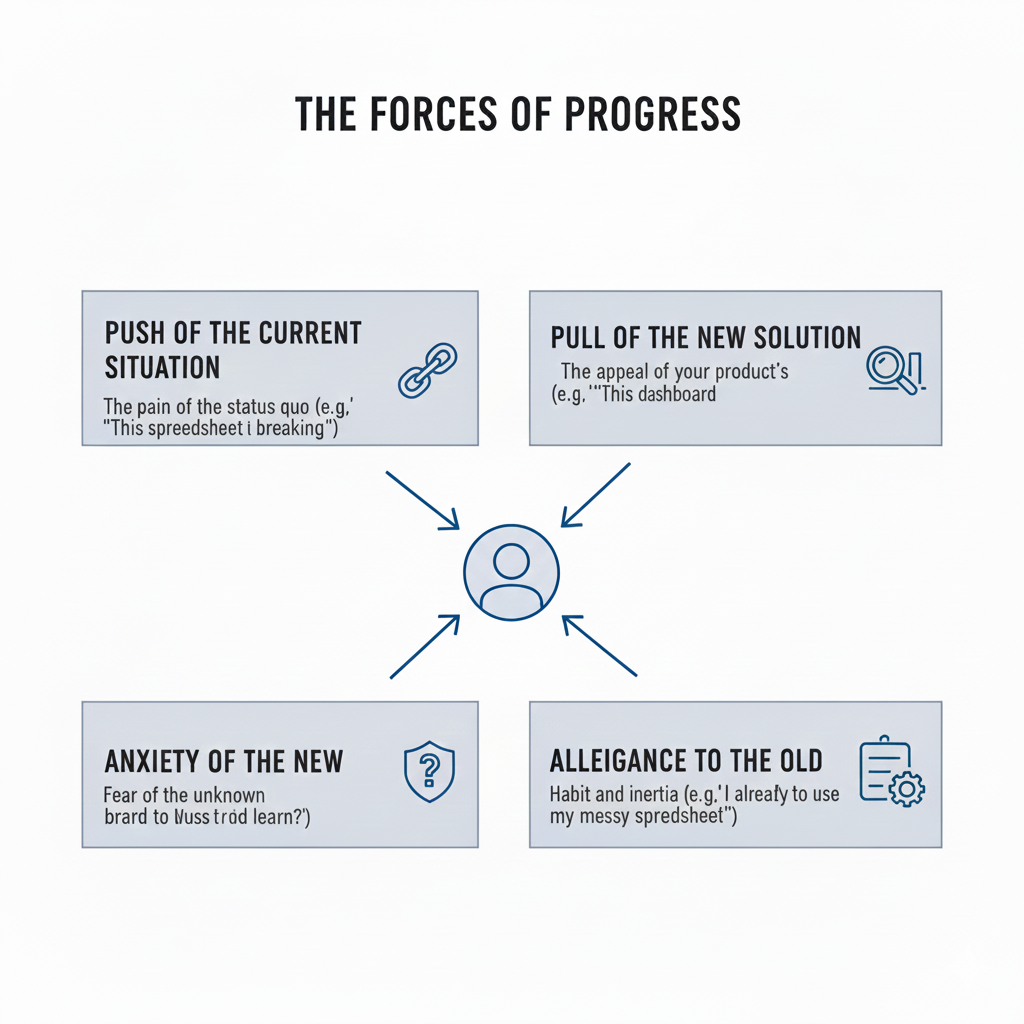 Jobs to Be Done Mental Model: A visual diagram showing the four forces of progress that influence customer decision-making at the moment of purchase. The Forces of Progress framework includes: Push of the Current Situation (the pain and frustration with the status quo that drives customers to seek change), Pull of the New Solution (the appeal and promise of your product that attracts customers), Anxiety of the New (fear and uncertainty about switching to a new solution), and Allegiance to the Old (habit, inertia, and comfort with existing solutions that keep customers from switching). This framework helps explain why customers switch or stay with existing solutions, and guides product, messaging, and onboarding strategies to overcome switching barriers.