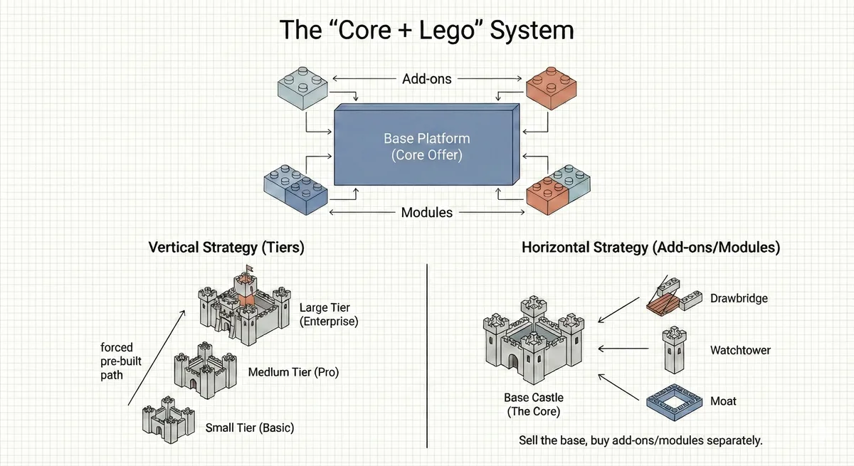 Diagram of Core plus Lego blocks: a base platform (core) with optional add-on and module blocks that customers can attach—contrasting vertical tier strategy (pre-built castle) with horizontal strategy (base plus optional drawbridge and moat)