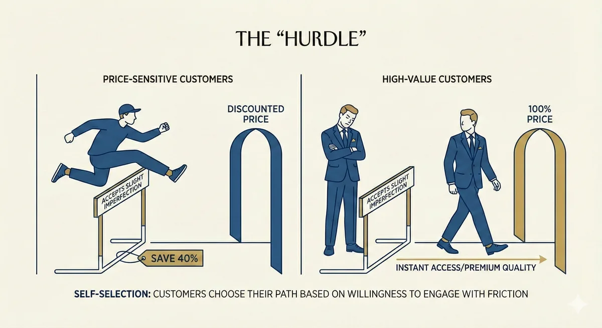 Price fences mental model: A visual diagram illustrating the "Hurdle" framework for price discrimination. The diagram shows how companies place hurdles (fences) in front of low prices that are easy for price-sensitive customers to jump (e.g., booking in advance, accepting limited features) but difficult or impossible for high-value customers to overcome (e.g., business travelers who need flexibility, enterprise customers who require compliance features). This self-selection mechanism allows segments to naturally separate, with high-value customers paying premiums to avoid hurdles while low-value customers jump hurdles to access discounts.
