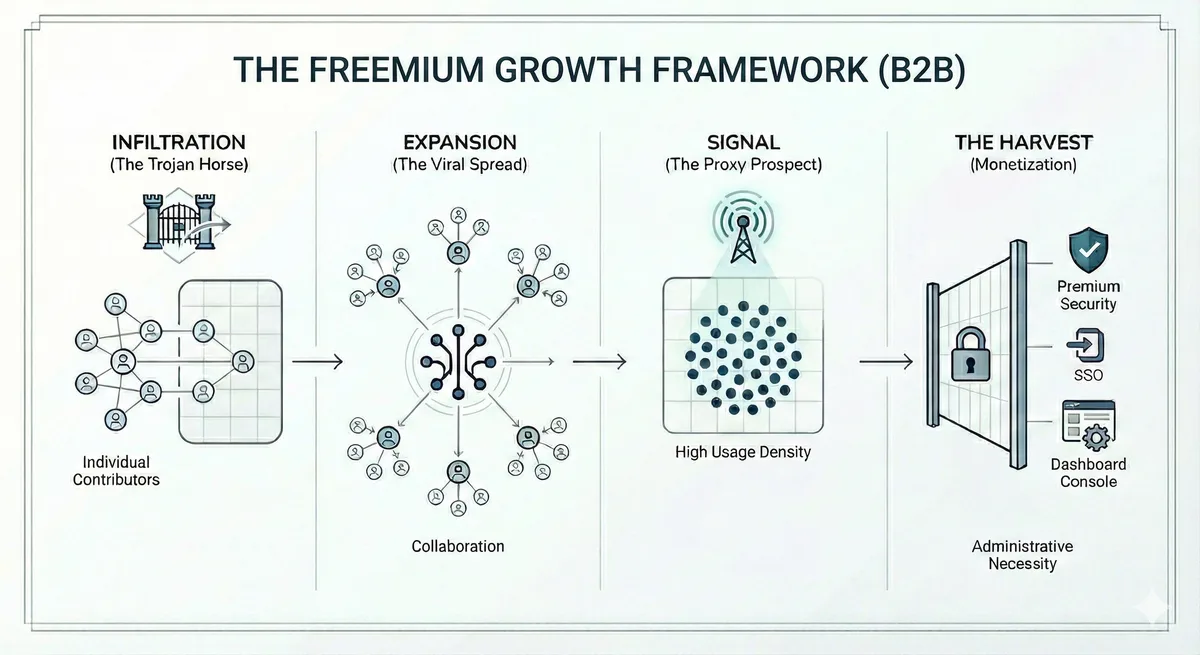 Freemium growth framework for B2B: infiltration via bottom-up adoption, viral expansion as free users invite teammates, signal through high usage density creating enterprise purchase intent, and harvest when organizations hit the value fence and need centralized control.