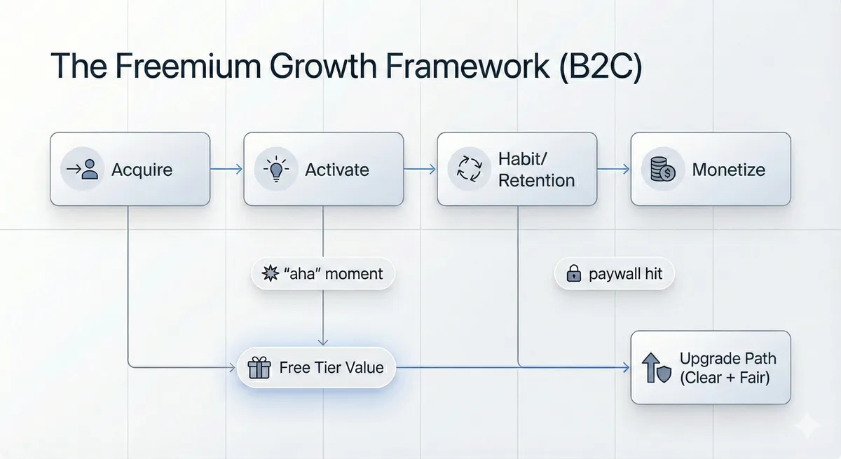 Freemium growth framework for B2C: free tier drives acquisition, activation and retention create compounding usage, and monetization happens when users hit natural limits or need higher-capability features.