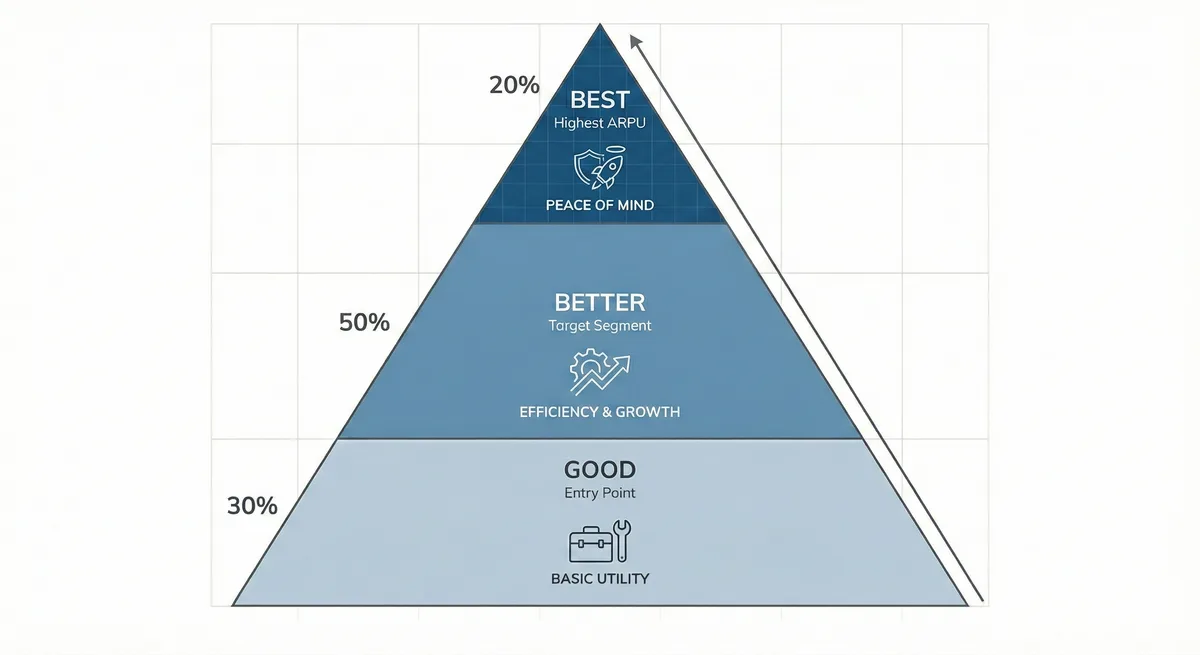 Pyramid diagram showing Good-Better-Best framework with three horizontal tiers: Base (Good) focused on Basic Utility, Middle (Better) focused on Efficiency and Growth representing the target segment, and Top (Best) focused on Peace of Mind with highest ARPU but smallest customer volume