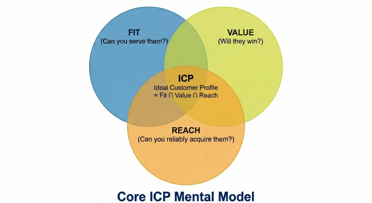 ICP Mental Model: A Venn diagram showing three overlapping circles labeled Fit, Value, and Reach. The intersection of all three circles represents the Ideal Customer Profile. Fit asks "can you serve them?" (product requirements, integrations, constraints). Value asks "will they win?" (painful problem, measurable outcome, urgency). Reach asks "can you reliably acquire them?" (channel access, sales motion, budget, buying process). Missing any circle leads to churn (missing Value), failed deals (missing Fit), or runaway CAC (missing Reach).