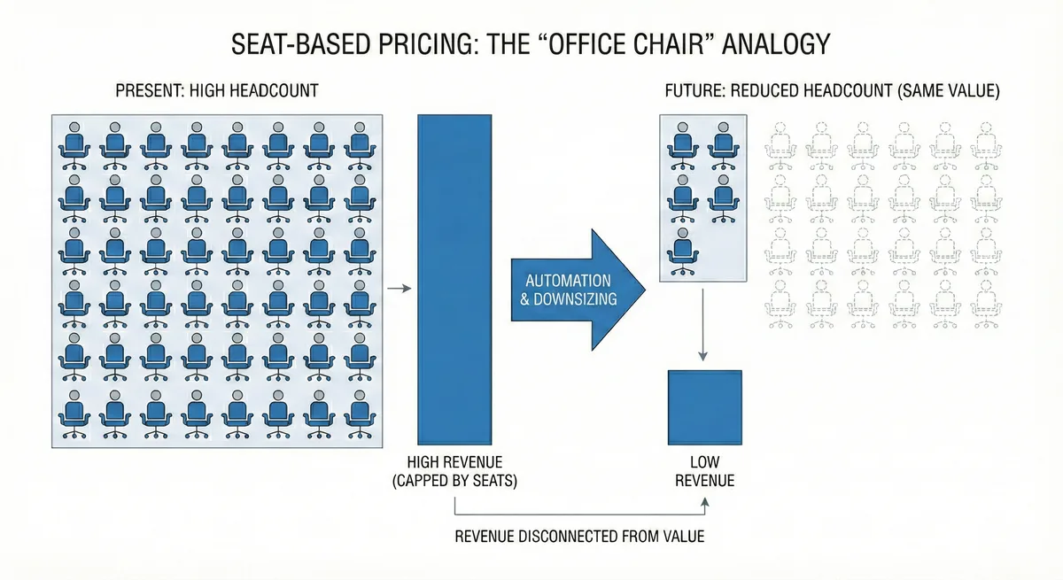 Seat-based pricing mental model: The Office Chair. You charge for the presence of a user—like selling office chairs. The price of each "chair" is fixed regardless of how much work the employee does while sitting in it. Revenue is coupled with hiring, not value: if the company downsizes to 20 highly productive employees, they stop buying 30 chairs and your revenue drops even if their output stays the same.