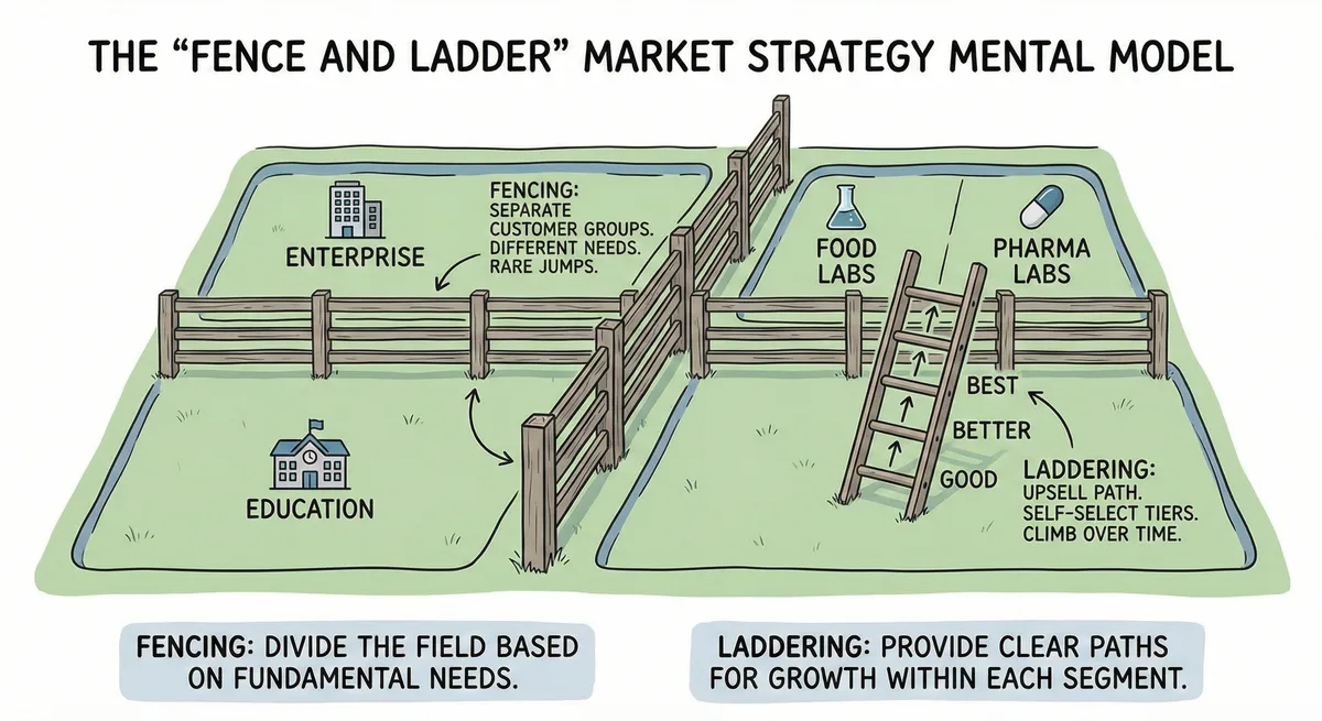 Segmentation by WTP/Use Case Mental Model: A visual diagram illustrating the "Fence and Ladder" framework for market segmentation. The diagram shows how companies build fences to separate distinct customer groups with fundamentally different needs (such as Enterprise vs. Education, or Food Labs vs. Pharma Labs), preventing customers from easily crossing between segments. Within each fenced area, companies build a ladder with Good/Better/Best tiers, allowing customers to self-select their price point based on features or volume needed. This framework enables companies to capture maximum value by preventing high-WTP customers from accessing lower prices while encouraging upsells within each segment over time.