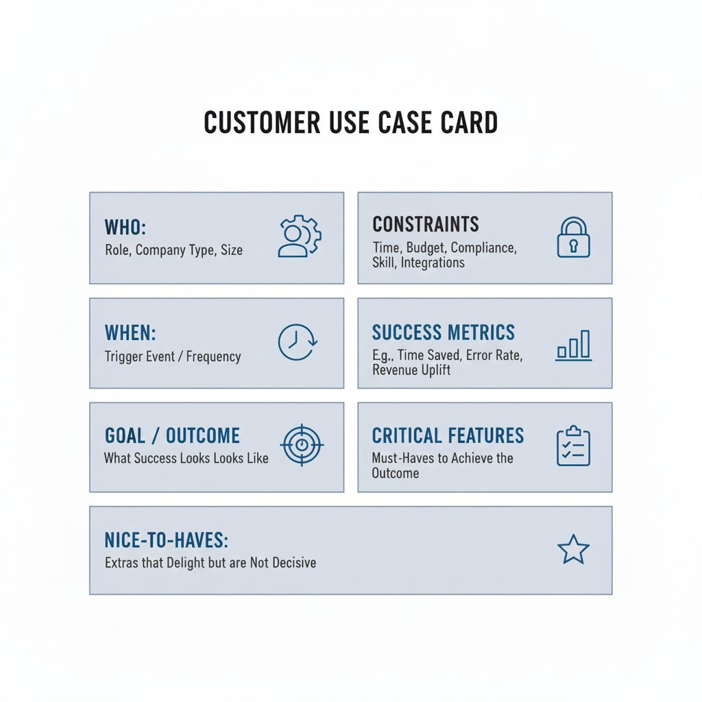 Customer Use Cases Mental Model: A visual diagram showing how customer use cases are structured as cards. The Use Case Card framework includes: Who (role, company type, size), When (trigger event / frequency), Goal / outcome (what success looks like), Constraints (time, budget, compliance, skill, integrations), Success metrics (e.g., time saved, error rate, revenue uplift), Critical features (must-haves to achieve the outcome), and Nice-to-haves (extras that delight but are not decisive). This card-based framework helps pricing teams make strategic decisions about which use cases to optimize for, serve but not optimize, or say no to.