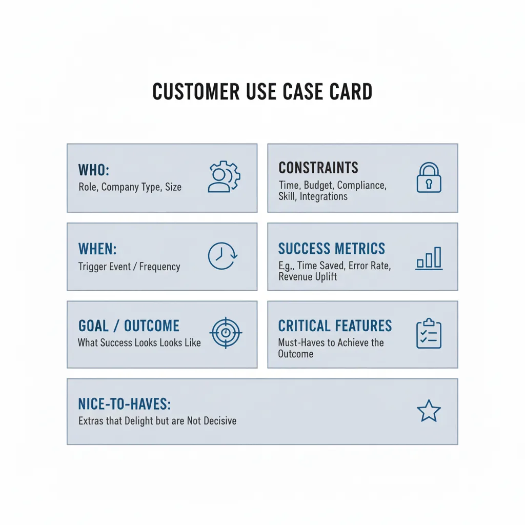 Customer Use Cases Mental Model: A visual diagram showing how customer use cases are structured as cards. The Use Case Card framework includes: Who (role, company type, size), When (trigger event / frequency), Goal / outcome (what success looks like), Constraints (time, budget, compliance, skill, integrations), Success metrics (e.g., time saved, error rate, revenue uplift), Critical features (must-haves to achieve the outcome), and Nice-to-haves (extras that delight but are not decisive). This card-based framework helps pricing teams make strategic decisions about which use cases to optimize for, serve but not optimize, or say no to.